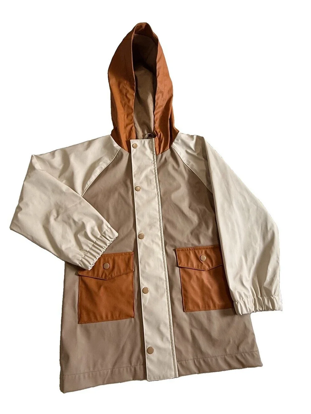 Kids Colorblock Hooded Rain Jacket Fleece Lined Tan Rust Orange Snap Front Coat